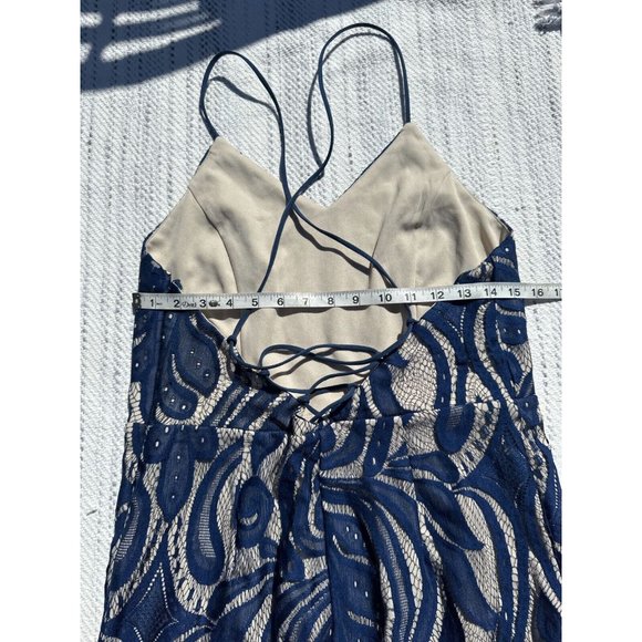 K Jordan Lace Dress Women's Large Navy Blue V-Neck Fringe Hem Spaghetti Strap - Picture 9 of 12